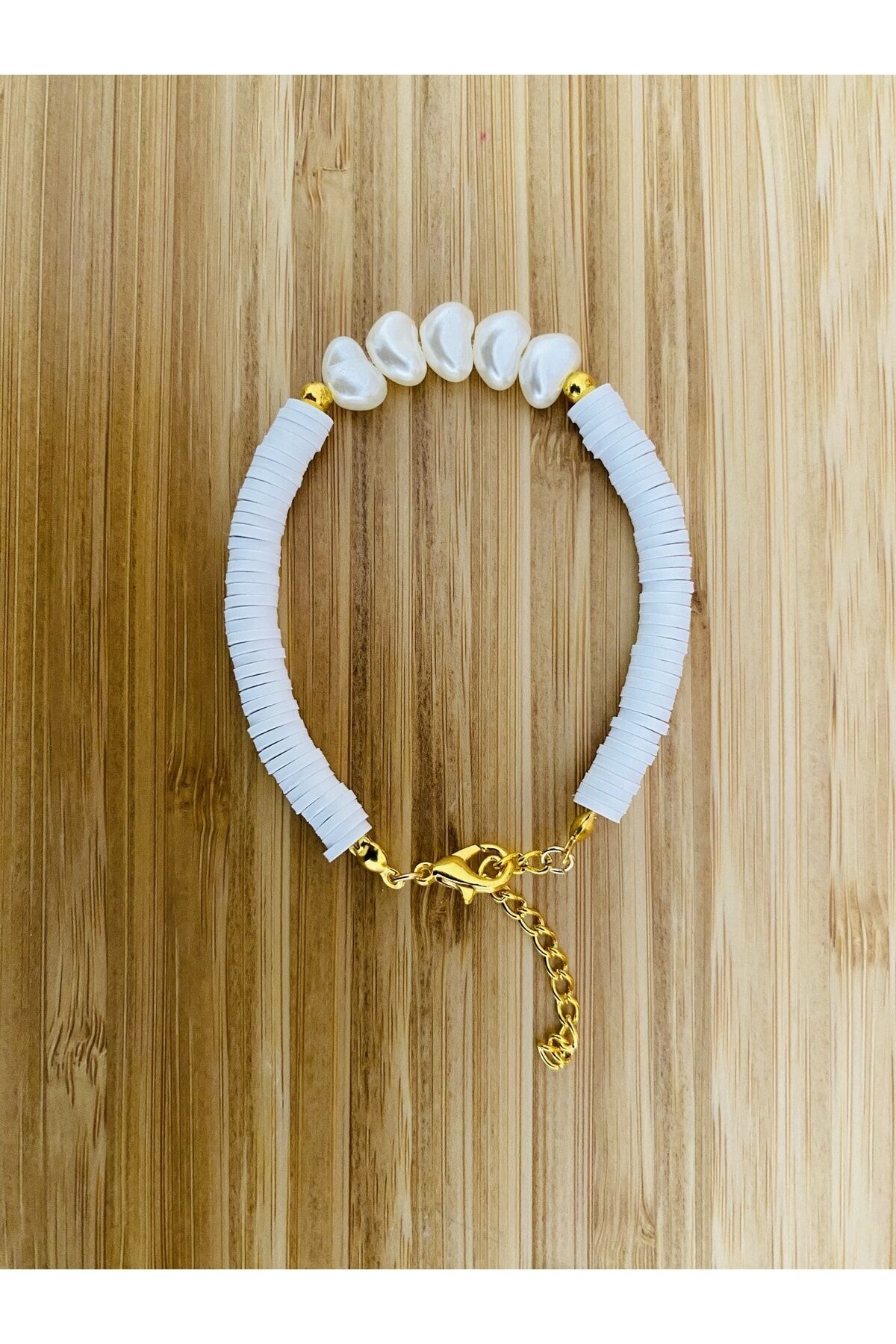 Fimo Bileklik Kalp Incili. Kar Beyaz.