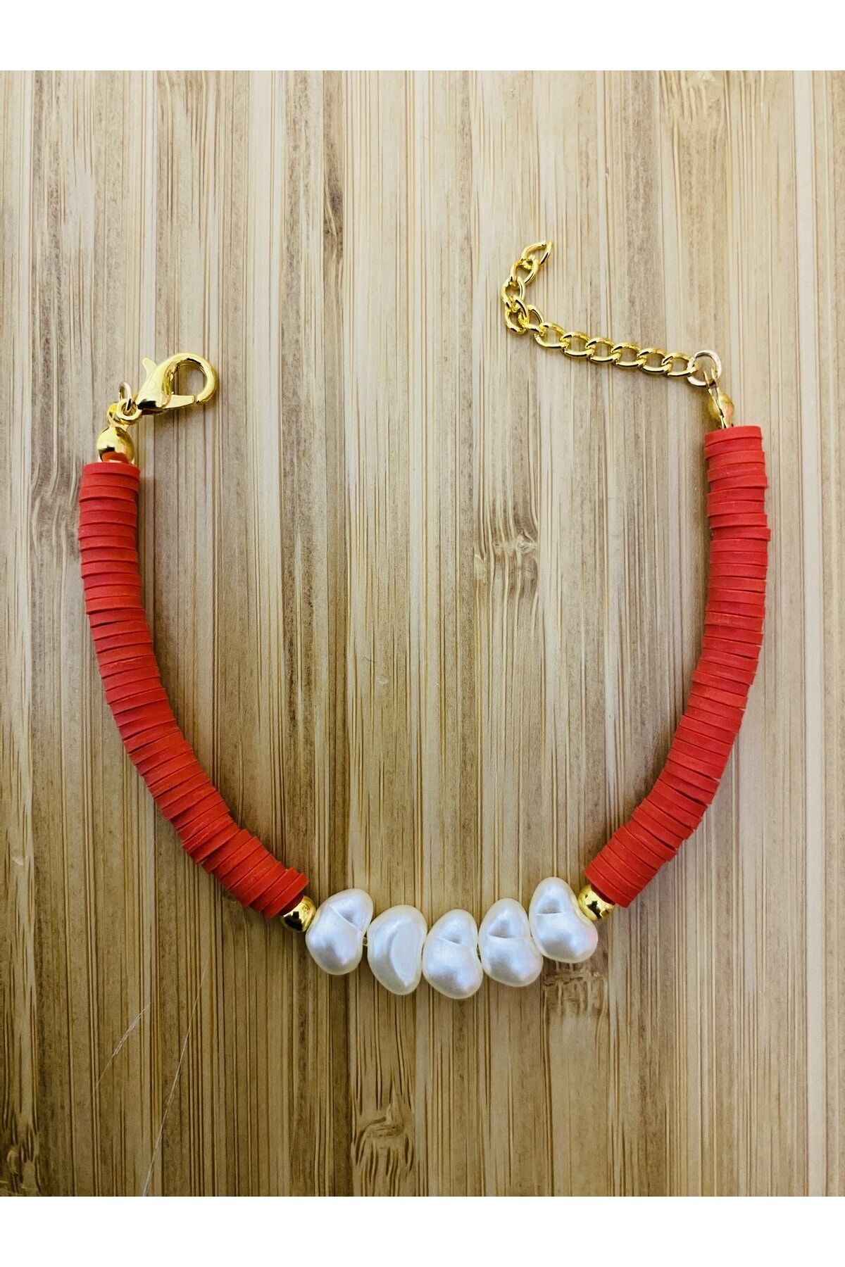 Fimo Bileklik Kalp Incili. Kırmızı.