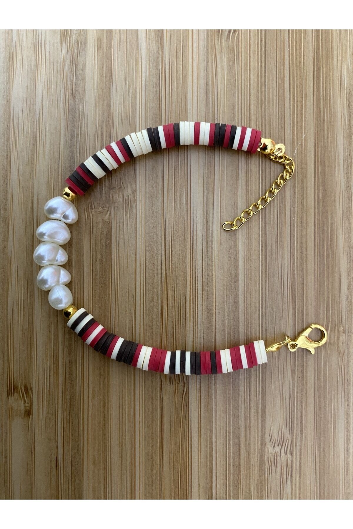 Fimo Bileklik Kalp Incili. Kırmızı/krem.