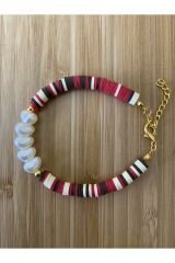 Fimo Bileklik Kalp Incili. Kırmızı/krem.