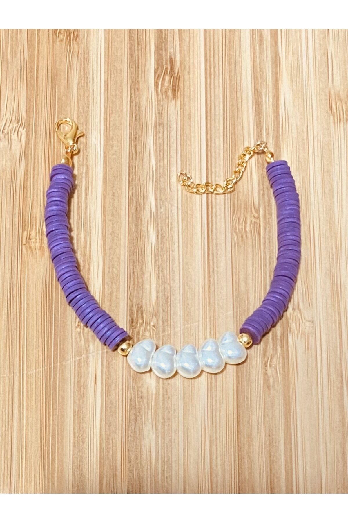 Fimo Bileklik Kalp Incili. Koyu Gül Kurusu.