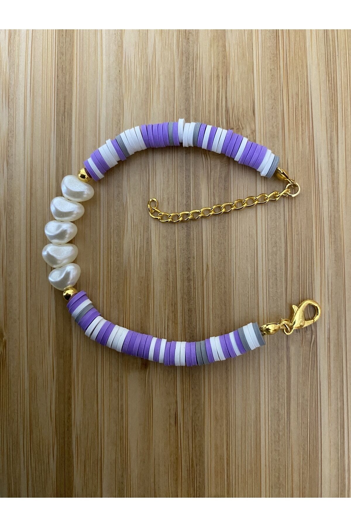 Fimo Bileklik Kalp Incili. Lila/beyaz/Gri.