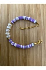 Fimo Bileklik Kalp Incili. Lila/beyaz/Gri.