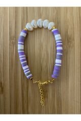 Fimo Bileklik Kalp Incili. Lila/beyaz/Gri.