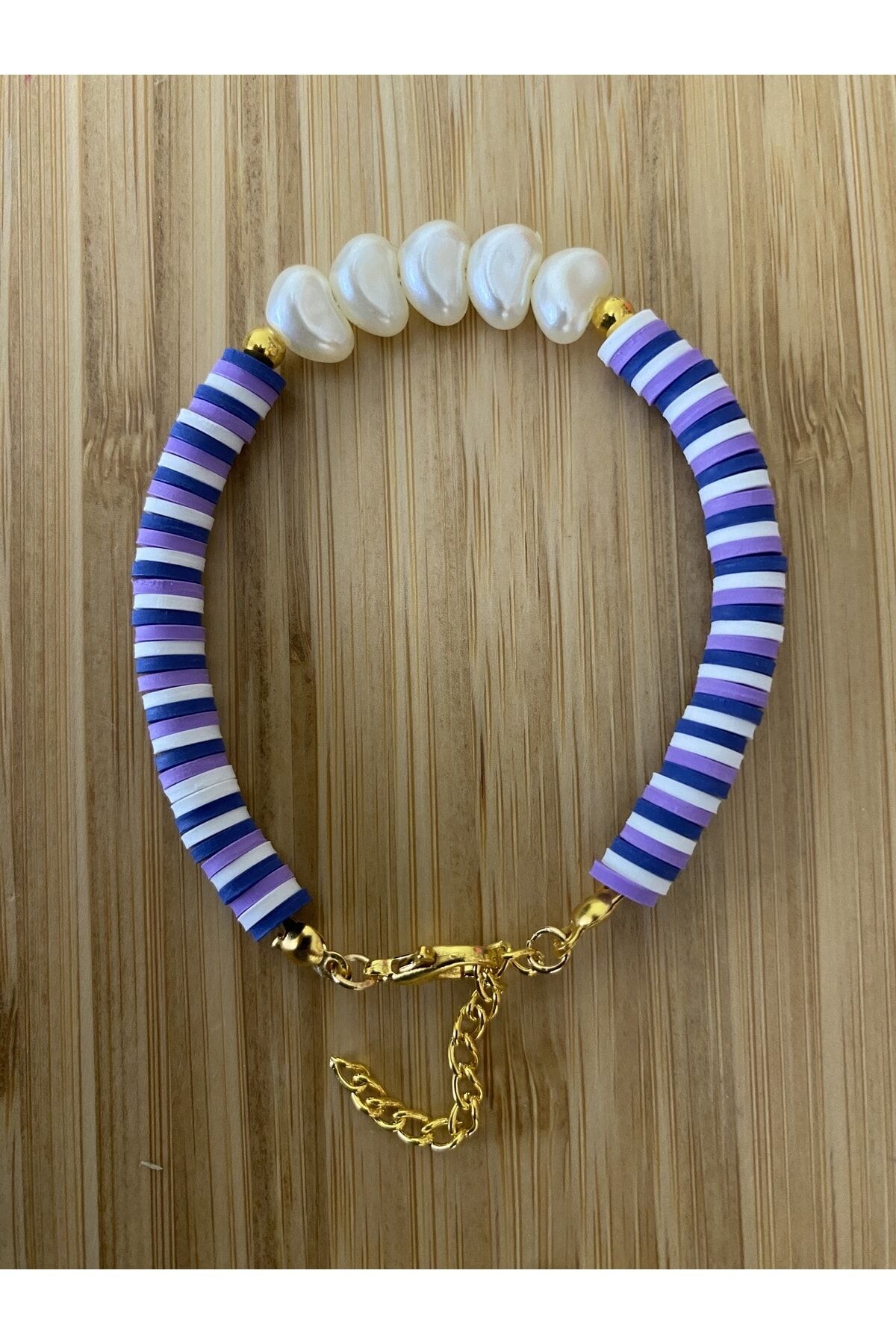 Fimo Bileklik Kalp Incili. Lila/lacivert.