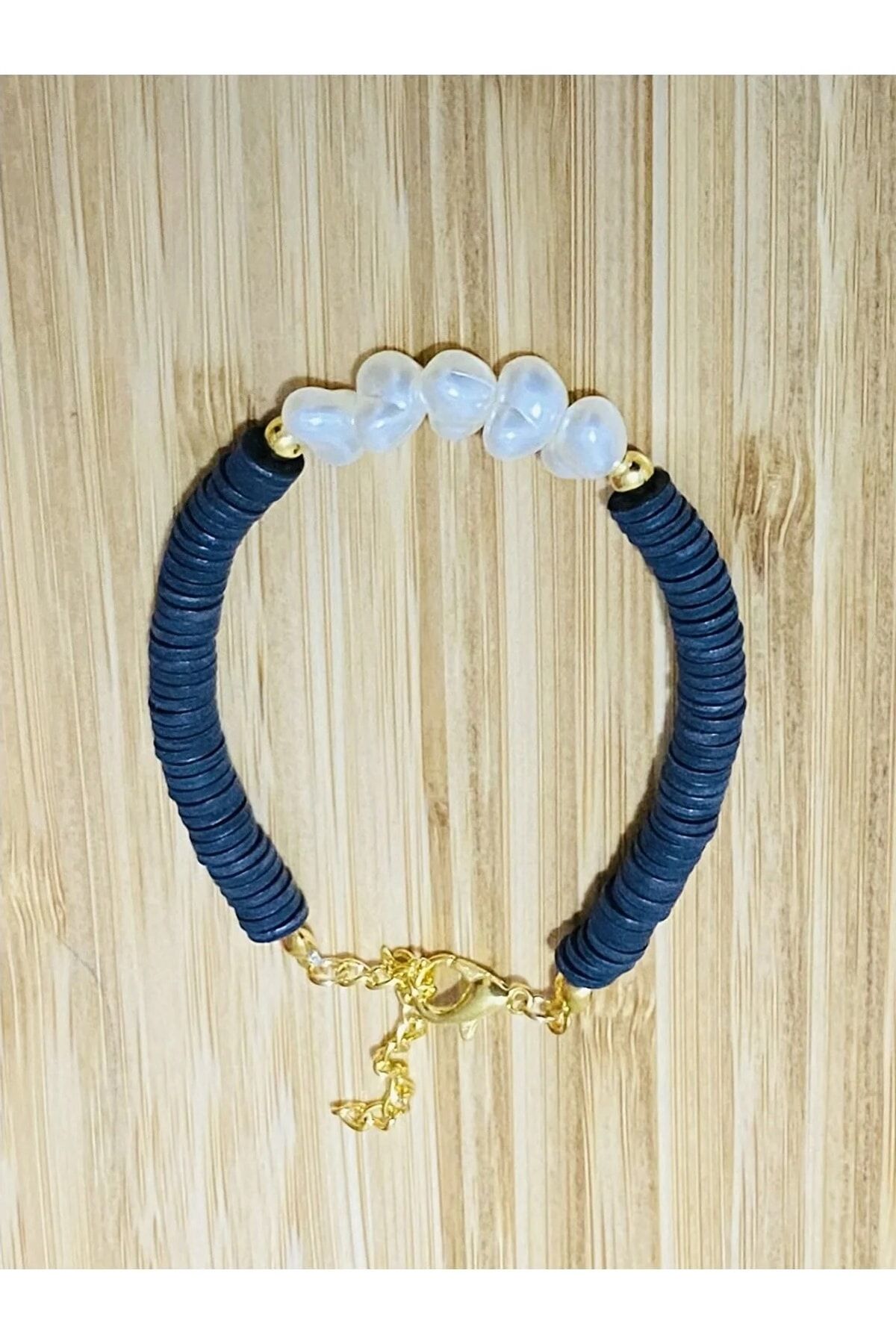 Fimo Bileklik Kalp Incili. Siyah.