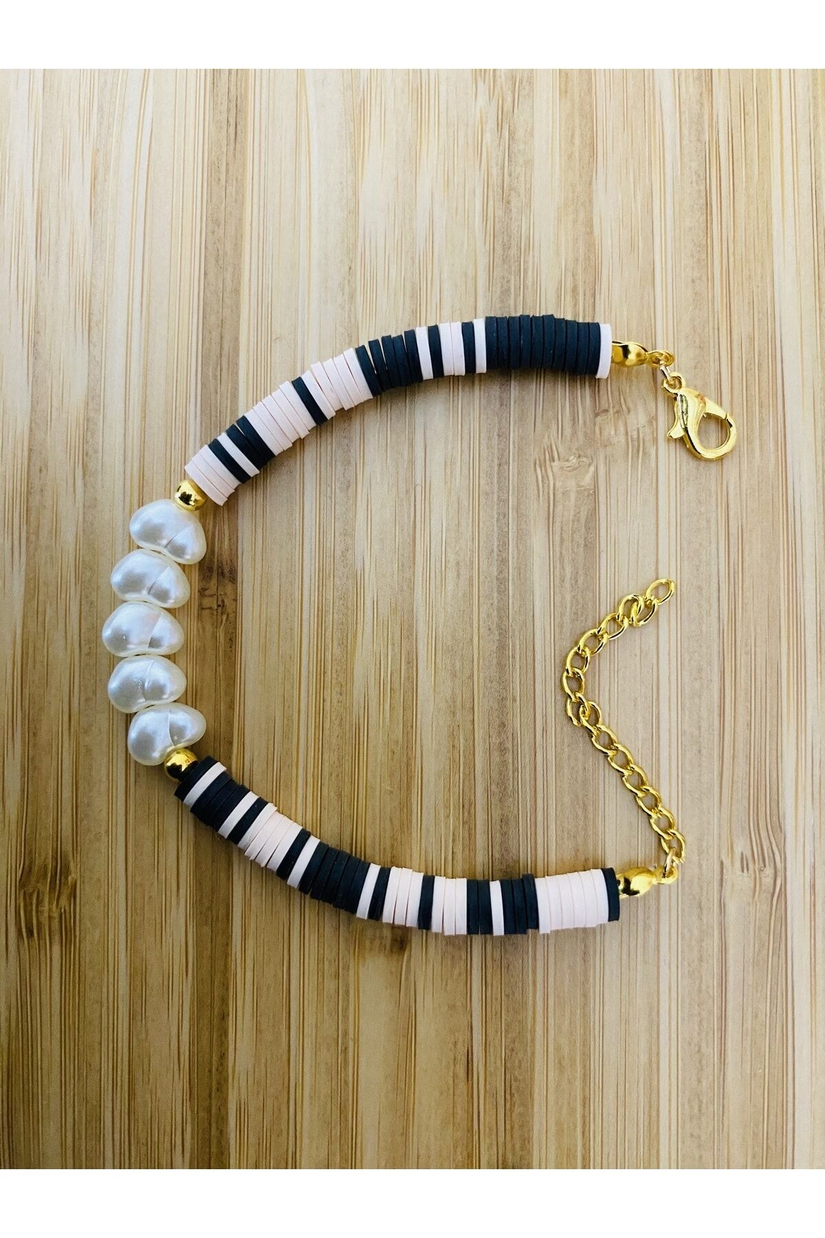 Fimo Bileklik Kalp Incili. Siyah/somon.