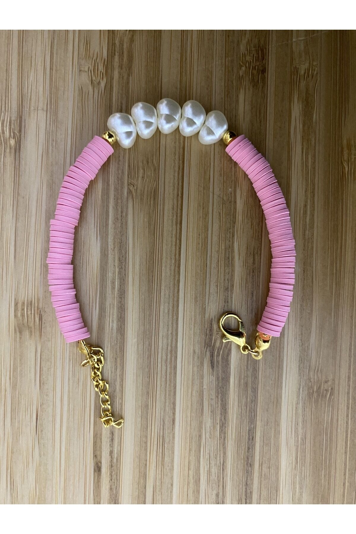 Fimo Bileklik Kalp Incili. Şeker Pembe.