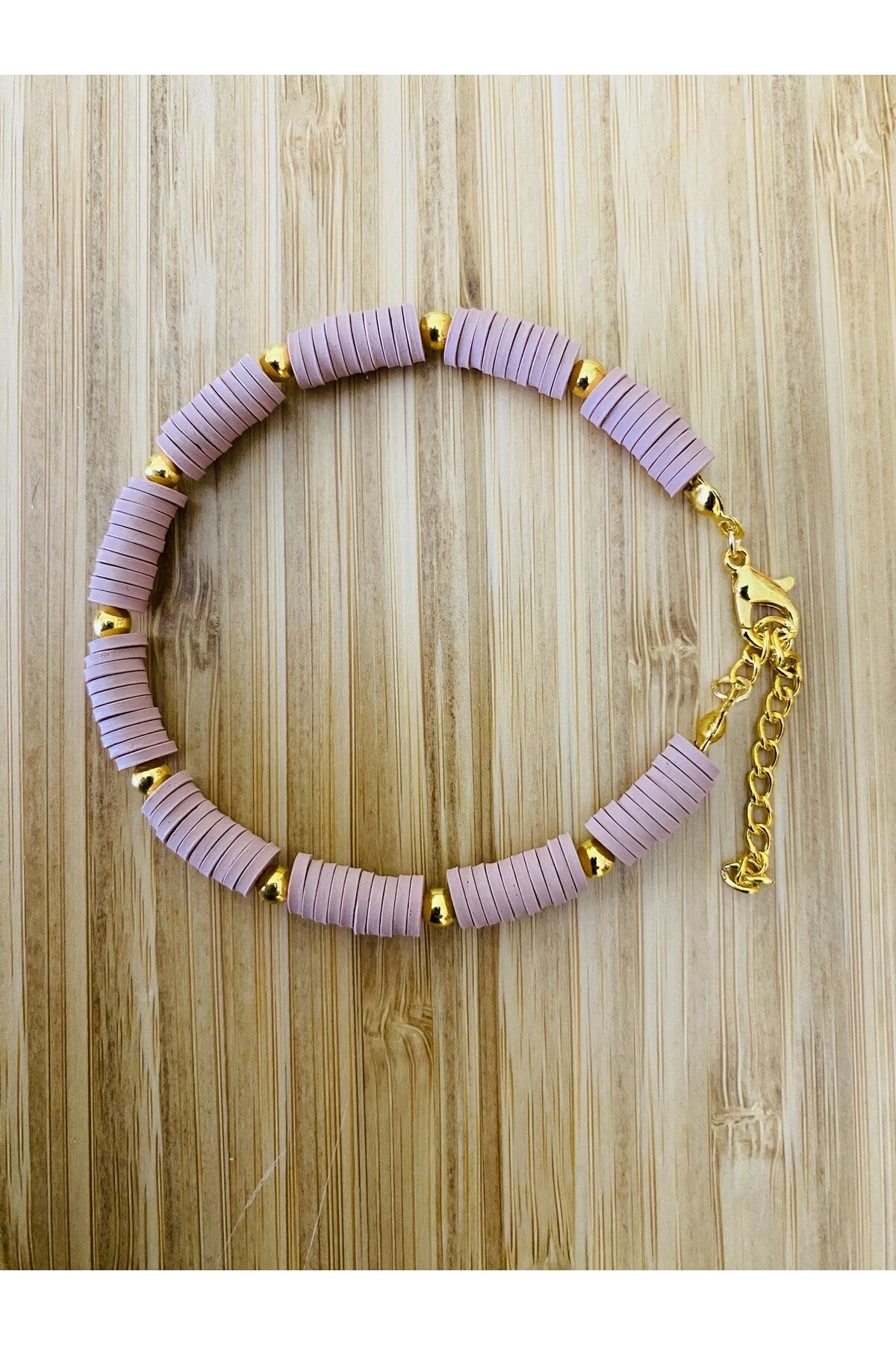 Fimo Bileklik Sarı Ara 4 No Boncuklu. Açık Gül Kurusu.