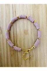 Fimo Bileklik Sarı Ara 4 No Boncuklu. Açık Gül Kurusu.